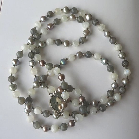 Stunning Extra LONG Moonstone Labradorite Pearl Sterling Silver Necklace - Picture 15 of 16